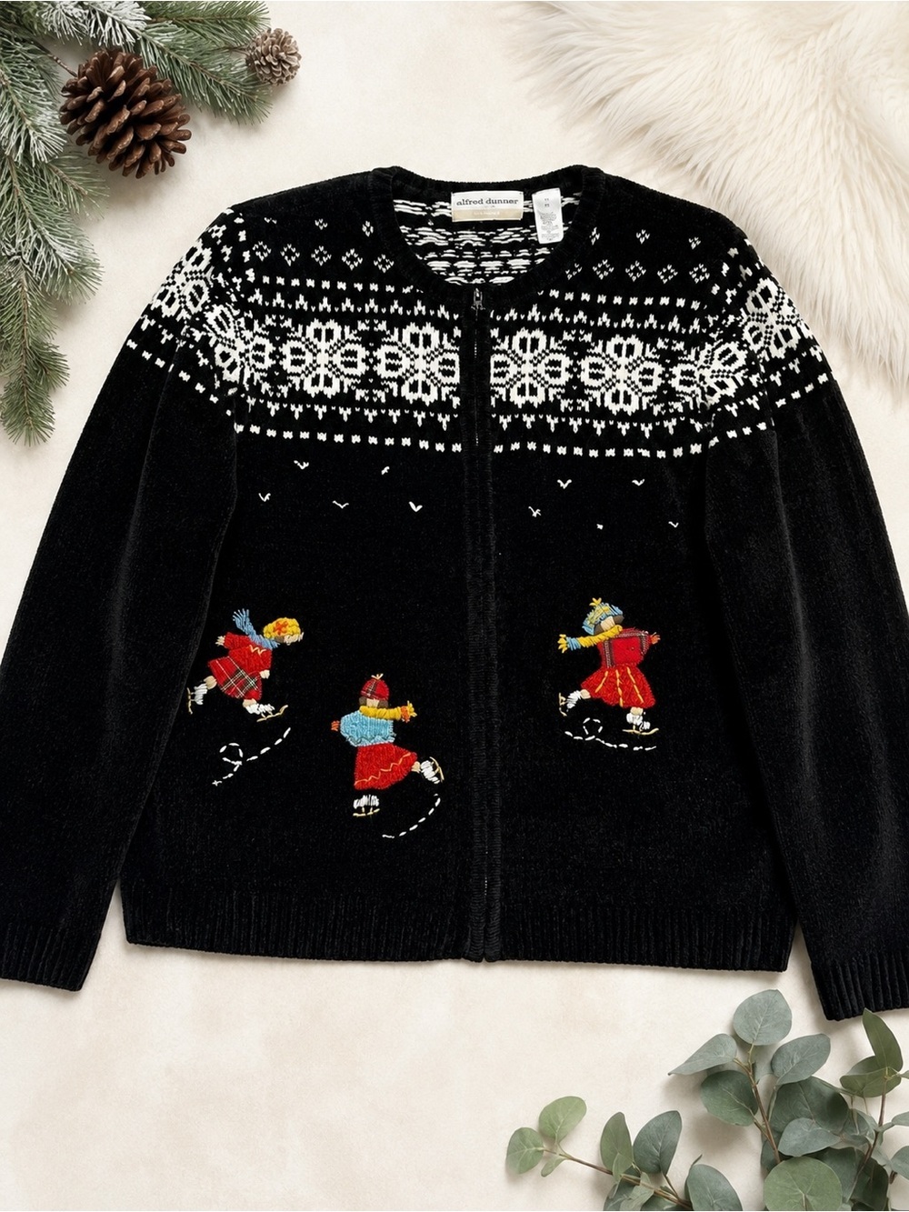 Vintage Alfred Dunner Ice Skater Chenille Zip Cardigan | 1X | Winter Fair Isle